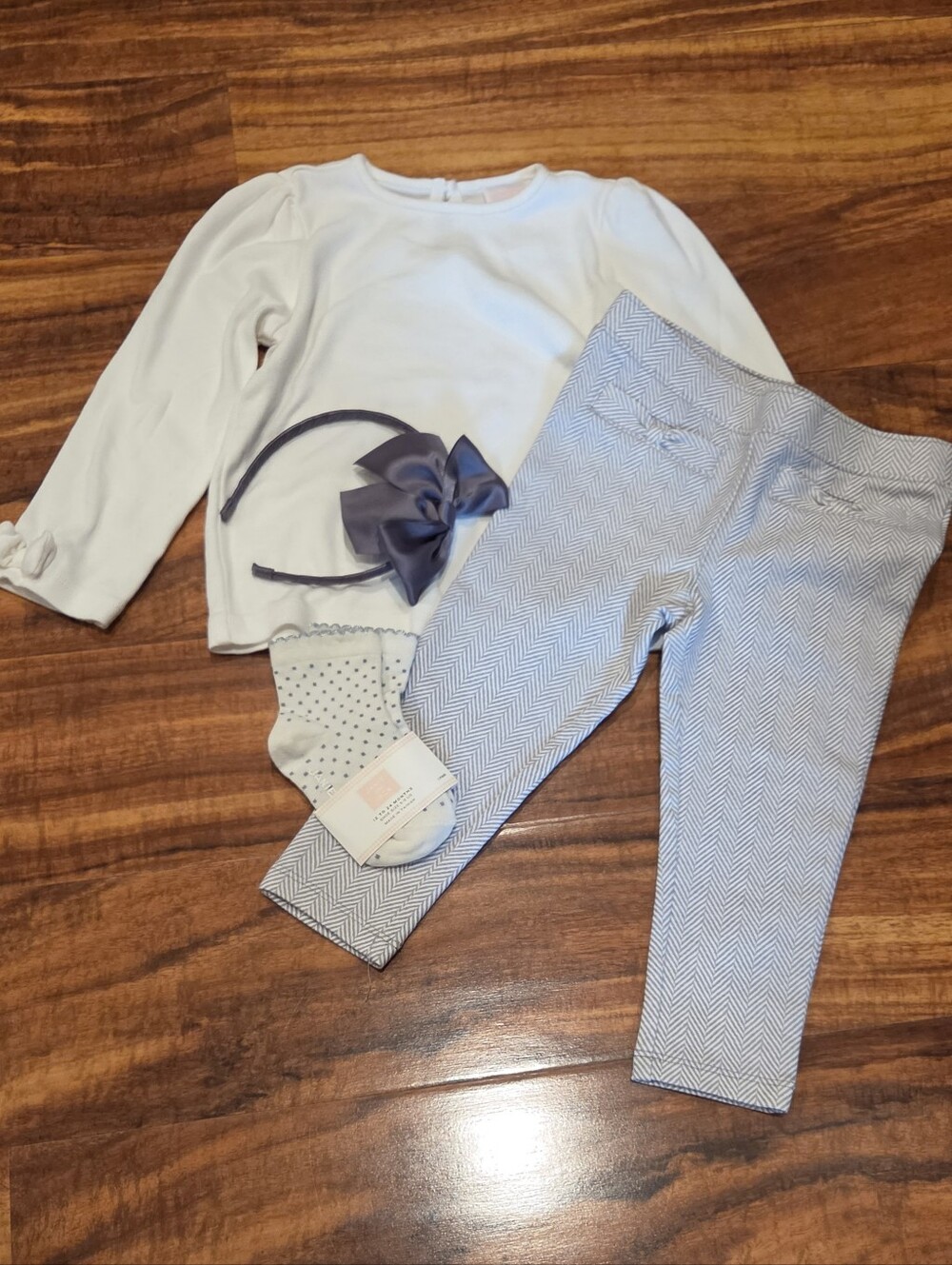 Janie & Jack NWT/EUC 18-24 Month Bow Top, Herringbone Pants, Headband and Socks